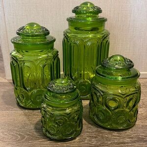 Vintage LE Smith Apple Green Glass Moon & Stars Canisters Set Of 4 Canisters